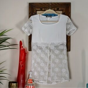 Vintage 90s does 60s white flower power sheer panel peek a boo stomach top